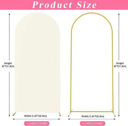 Putros 6ft Metal Arch Stand with Cover Ivory Spandex Fitted Wedding Arch Cover and Round Top Chiara Backdrop Stand Set for Birthday Party Baby Shower Decoration