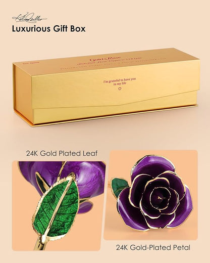 24K Gold Dipped Rose – Handpicked Real Rose in 24K Gold – Regal, One-of-a-Kind Romantic Gift for Her – Perfect for Birthday, Anniversary, Mother’s Day, Valentine’s (Purple)