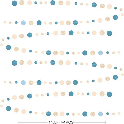 Champagne Gold Dusty Blue Beige Circle Dot Garland Hanging Paper Polka Dot Streamer for Men Boy Birthday Baby Shower Wedding Bridal Shower Retirement Engagement Bachelorette Party Decorations Supplies