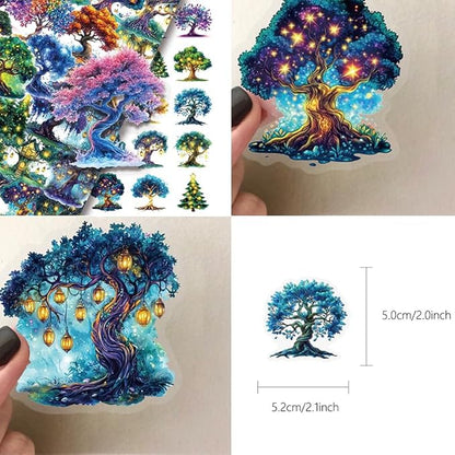 50PCS Transparent Cartoon Magic Tree Stickers, Waterproof PET Decals for Scrapbooking Journaling, DIY Craft Decor for Water Bottles, Laptops, Phone Cases, Gift Packaging