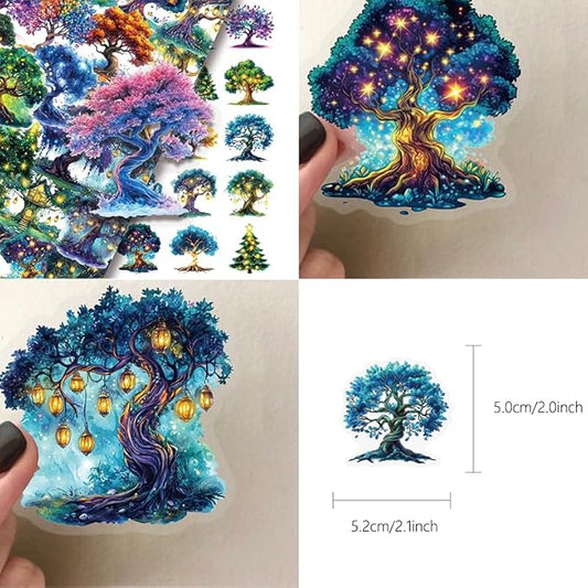 50PCS Transparent Cartoon Magic Tree Stickers, Waterproof PET Decals for Scrapbooking Journaling, DIY Craft Decor for Water Bottles, Laptops, Phone Cases, Gift Packaging