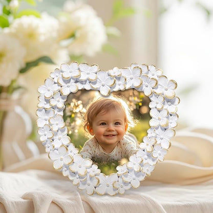 Hodao 4x4 Inch 3D Floral Heart Shaped Frame - Hand-Crafted Resin Picture Frame with White & Gold Accents for Wedding, Valentine’s Day & Romantic Home Decor (White Gold-Heart)
