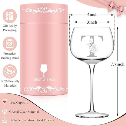 Personalized Gifts for Women, Monogrammed A-Z Wine Glass Customized Gift, Unique Christmas Birthday Gifts for Women Her Mom Friend Sister Wife Daughter Nurse (T)