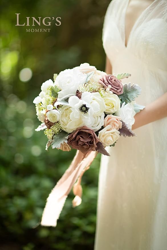 Ling's moment Dusty Rose Bridal Bouquet for Bride, Blush Pink Wedding Bouquets for Bride, 13 Inch Silk Round Artificial Wedding Flowers Bouquets