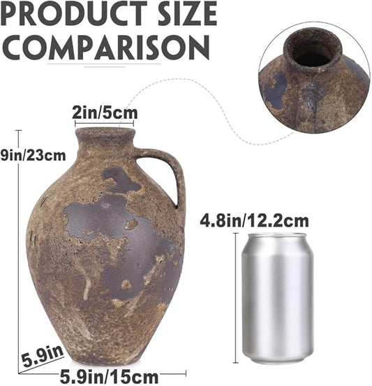 Wabi Sabi Decor Rustic Vase with Handle, Distressed Farmhouse Vase for Home Decor, Vintage Pottery Terracotta Vases for Home Decor, Living Room, Kitchen, Bedroom, Shelf, and Table Centerpiece