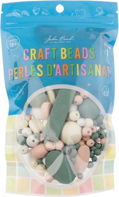 John Bead 90g Craft Beads White/Cream/Light Peach/Green Wood Beads with Elastic Nylon Cord