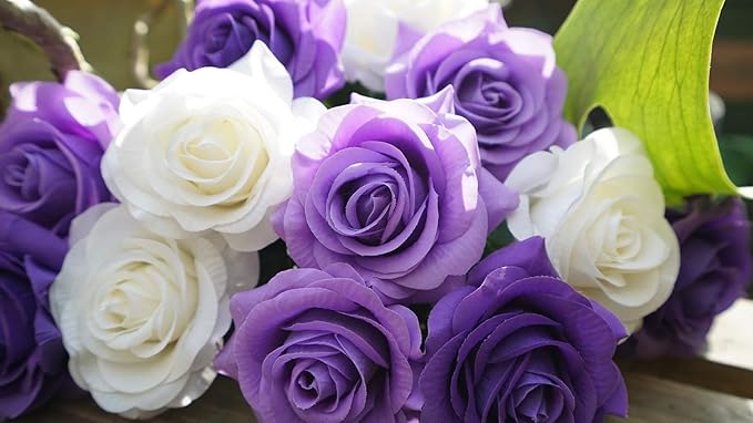 FiveSeasonStuff 12 Stems Artificial Flowers Real Touch Silk Roses for Wedding Decoration Bridal Bouquets Table Centerpieces Party Shower, Packed in Box (Purple & White Vows)