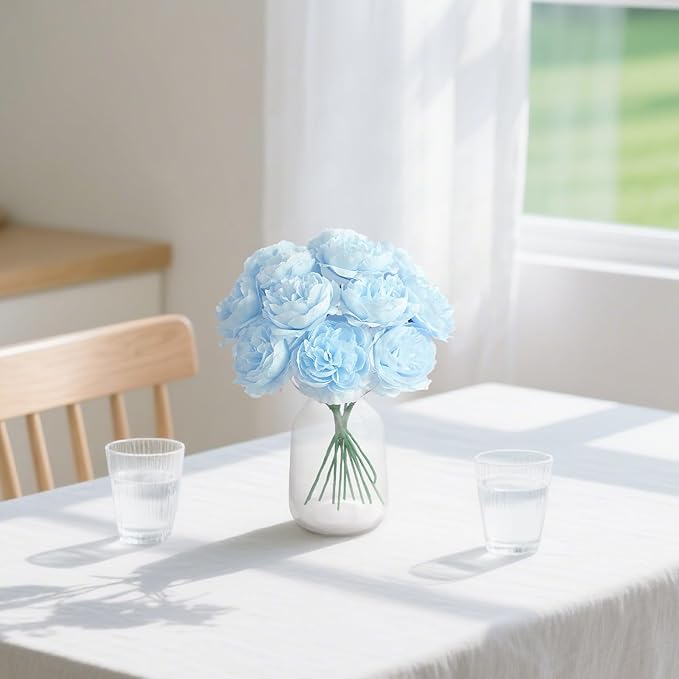12 PCS Artificial Silk Blue Peony Flowers with Stems - 8 Inch Fake Peony Bouquet for Wedding, Home Decor, Office Table, Festival Gifts