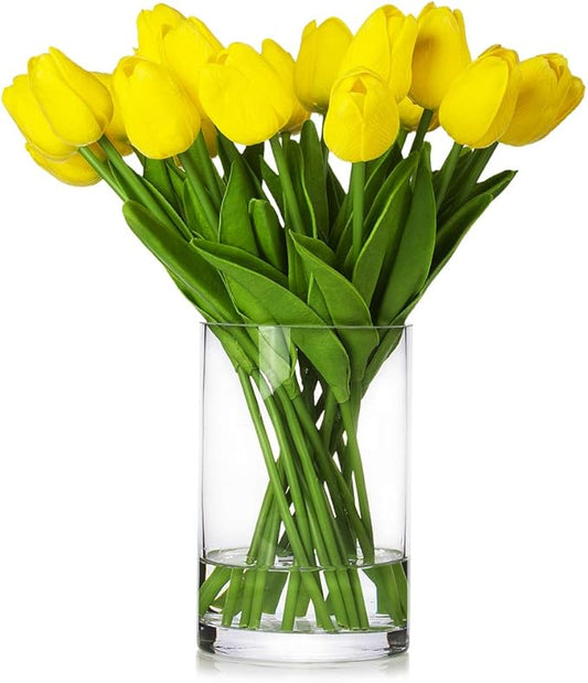 ENOVA HOME 20 Pieces Artificial Real Touch Tulips Flower Arrangement in Glass Vase with Faux Water for Home Decoration (Yellow)