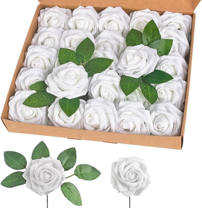 homEdge Artificial Rose, 25pcs Foam Artificial Flowers with Stem for Home Decorations, Wedding Bouquets, Party, Certerpieces, Anniversaries-White