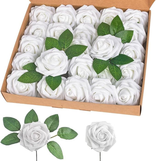 homEdge Artificial Rose, 25pcs Foam Artificial Flowers with Stem for Home Decorations, Wedding Bouquets, Party, Certerpieces, Anniversaries-White