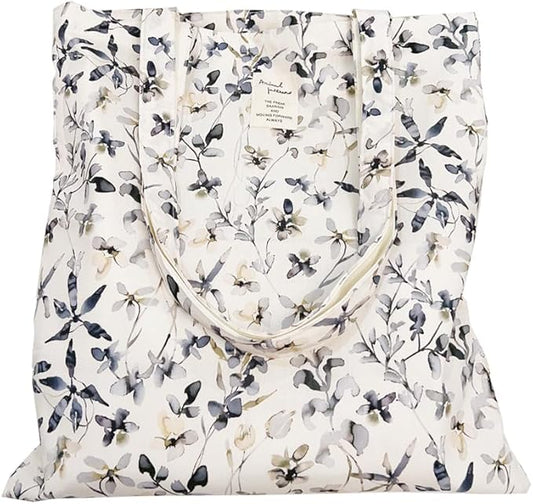 Cotton Canvas Tote Bag Reusable Soft Grocery Cloth Bag Floral Shoulder Bag for Beach Travel Shopping