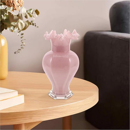 Handblown Glass Flower Vase Pink Pearl Wave Mouth Decorative Floral Arrangement Holder for Home Table Office Wedding Centerpiece Modern Artistic Accent