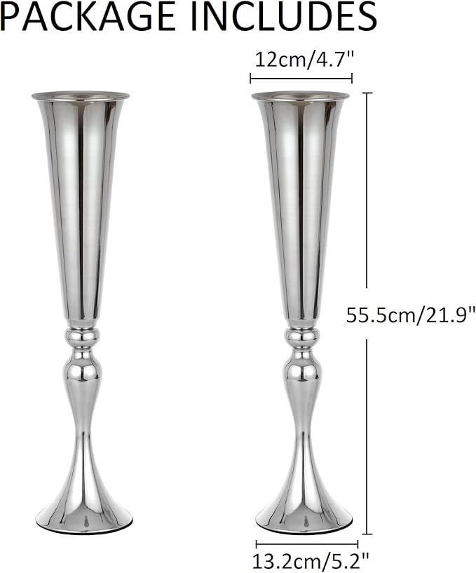 Set of 2 Versatile Metal Tabletop Flower Stands, Silver Dining Table Centerpiece Vases, 21.9" Tall Trumpet Vases for Wedding Birthday Ceremony Party Special Event Home Décor