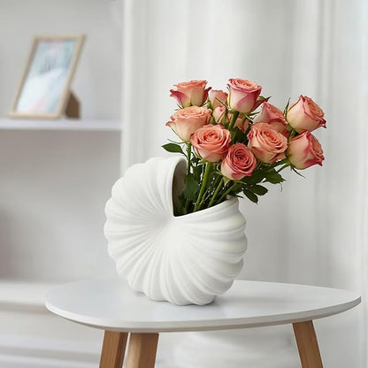 White Shell-Shaped Ceramic Vase for Flowers, 8 Inch Nordic Flower Vases