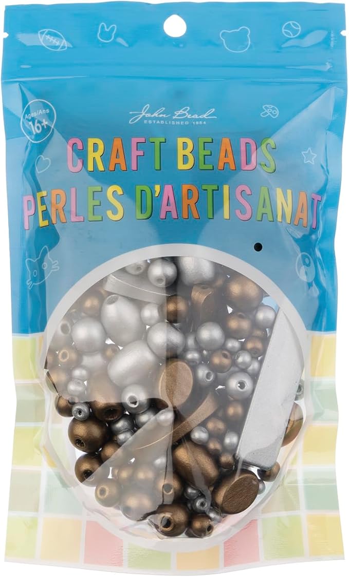 John Bead 90g Craft Beads Silver and Gold Wood Beads with Elastic Nylon Cord