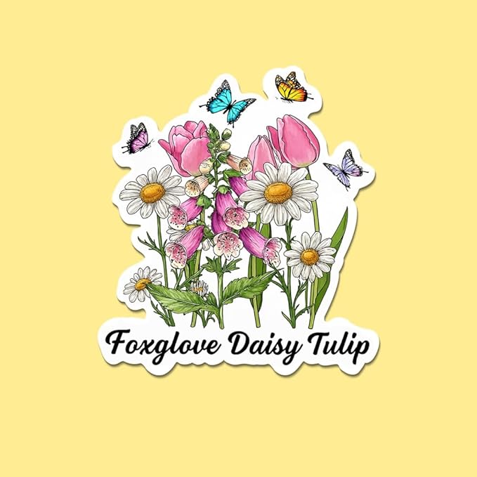 HANDICHI Design 5-Pack 6 Inch Foxglove Daisy Tulip Stickers – Floral Vinyl Decals, FDT Bumper Stickers, Waterproof Aesthetic Flower Sticker Pack for Laptops, Water Bottles, Journals