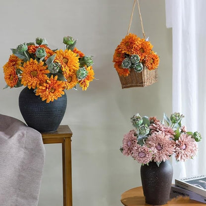 Kimura's Cabin 5Pcs Fake Sunflowers Artificial Silk Flowers Bouquet Long Stems Faux Sunflower Real Touch Chrysanthemum for Wedding Home Garden Birthday Party Indoor Decor(Orange)