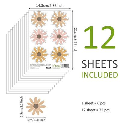 Daisy Wall Decals Boho Flower Wall Stickers 72 PCS for Girls Room Playroom Nursery, Removable Daisy Wall Decal Boho Peel and Stick Kids Room Decor Vinyl Murals DIY Decorations (12 Sheets)
