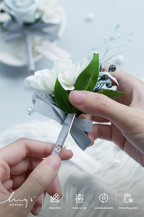 Ling's moment Boutonniere for Men, 6pcs Groom Groomsmen Boutonniere, Artificial Flowers for Wedding Decor/Prom/Homecoming, etc.Dusty Blue Light Blue