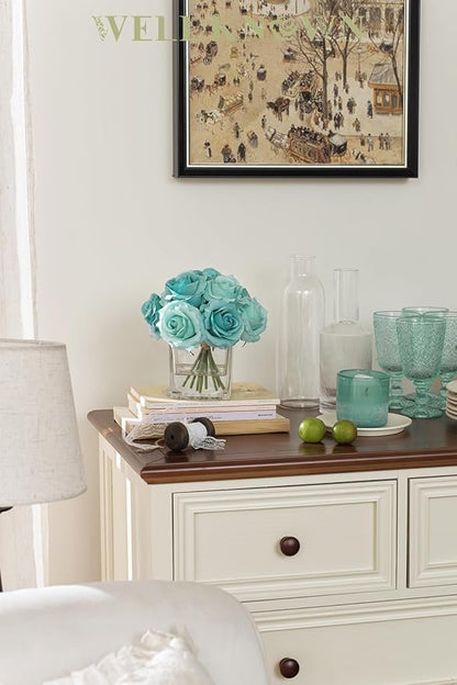 WELL KNOWN Rose Artificial Flowers in Vase with Faux Water, Silk Rose Table Centerpieces for Home Coffee Table Decor, Fake Roses Flower Arrangements for Office Hotel Lavatory Decor (Light Teal Blue)