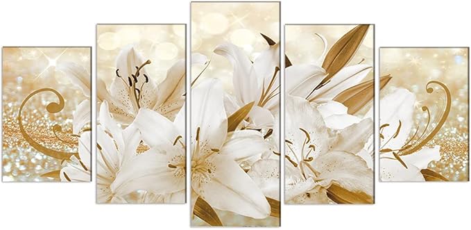 LUDUHU Golden Orchid Flowers Canvas Print - Abstract Floral Wall Art Painting Decor for Home Decoration Artwork Picture Bedroom (E,Oversize 80x40inch)