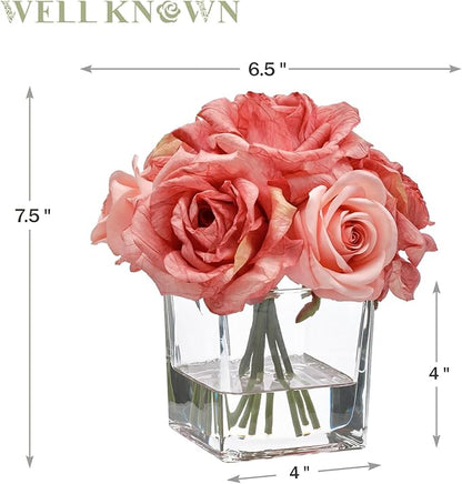 WELL KNOWN Rose Artificial Flowers in Vase with Faux Water, Silk Rose Table Centerpieces for Home Coffee Table Decor, Bean Pasty Pink Fake Rose Flower Arrangement for Wedding Office Hotel & Mom's Gift