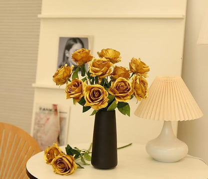 12 PCS Artificial Flowers Gold Roses Fake Silk Flower Long Stem Artificial Roses for Home Wendding Bathroom Party Decorations (Gold)