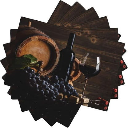 Red Wine Linen Placemats Set of 6 Vintage Wooden Wine Barrels Modern Art Placemat Indoor Outdoor Party Home Desktop Kitchen Dining Room Decoration 12x18 Inch