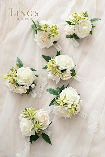 Ling's moment 6pcs Wedding Wrist Corsage Artificial Flowers, Girl/Mother Homecoming Prom Corsages Wristlet Décor, etc. White Ivory