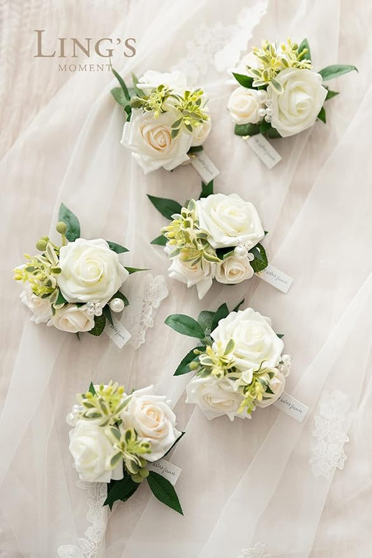 Ling's moment 6pcs Wedding Wrist Corsage Artificial Flowers, Girl/Mother Homecoming Prom Corsages Wristlet Décor, etc. White Ivory