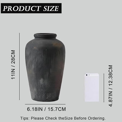 Large Ceramic Vase, 11 inch Minimalist Vase for Home Decor, Handmade Farmhouse Flower Vase for Table Centerpiece, Wedding, Living Room, Kitchen Decoration, Shelf Decor (Black)