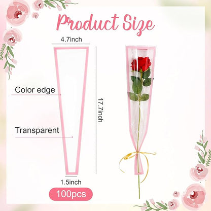 BEISHIDA 100 PCS Single Rose Sleeve Single Flower Wrapping Bags Single Rose Packaging Cellophane Flower Sleeves for Florist Bouquet Supplies, Mother's Day, Valentine's Day,Wedding Gift(White Edge)