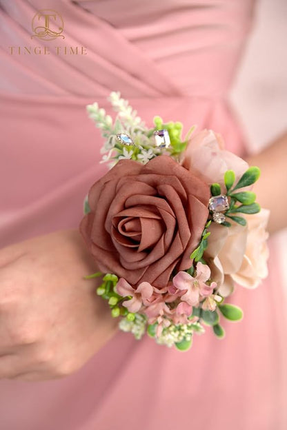 TINGE TIME Set of 2 Wrist Corsage Bracelets Pearl Wristlet Band Bridesmaid Bracelet for Wedding Ceremony Bridal Shower Wedding Artificial Flower Prom (DustyRose&Cream)