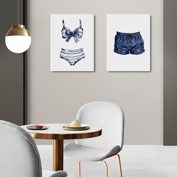 Blue White Painted Swimsuits Lake House Beach House Wall Decor Canvas Wall Art Framed Prints Artwork Posters Painting Picture for Home Bar Cart Laundry Room Girls Room Bedroom 14.5X11.5 Inch