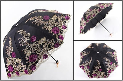 Katutude Vintage Lace Umbrella Floral Lace Parasol Wedding Bridal Umbrella Compact Lightweight Windproof Folding Umbrella UV Protection Sun Umbrella Portable Umbrella with Storage Bag