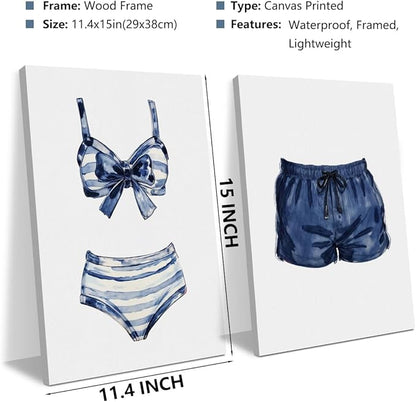 Blue White Painted Swimsuits Lake House Beach House Wall Decor Canvas Wall Art Framed Prints Artwork Posters Painting Picture for Home Bar Cart Laundry Room Girls Room Bedroom 14.5X11.5 Inch