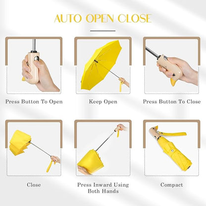 Cute Duck Umbrella Automatic - Compact Pretty Pocket Size Strong Duck Collapsible Umbrella Yellow Wooden Handle for Women