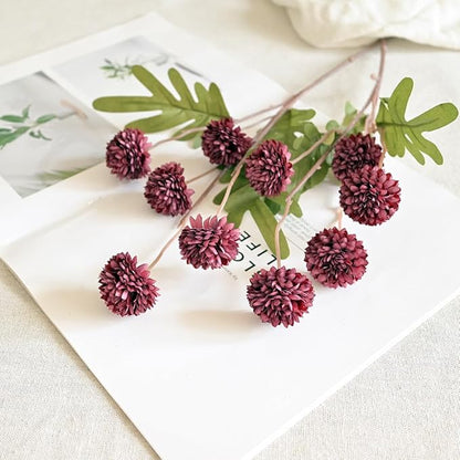 Laelfe 5Pcs Burgundy Flowers Artificial Pompon Mum, Fake Kiku Flowers Silk Small Mini Chrysanthemum Ball Faux Mum Decor for Autumn Filler DIY Bouquet Centerpieces Arrangements Shower(Burgundy)