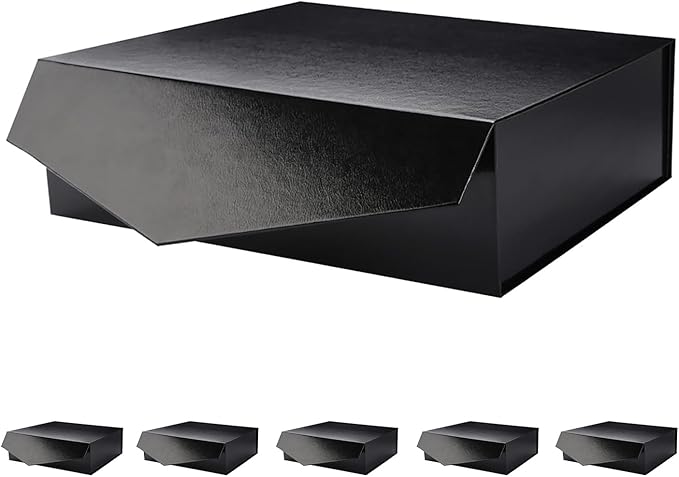 PACKHOME 6 Large Gift Boxes with Lids 13.5x9x4.1 Inches, Sturdy Collapsible Gift Boxes with Magnetic Closure (Glossy Black, Grass Texture)