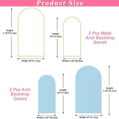 Putros Metal Arch Stand with Cover Set of 2 Dusty Blue Spandex Fitted Wedding Arch Cover and Round Top Chiara Backdrop Stand for Birthday Party Baby Shower Decoration 7.2FT, 6FT