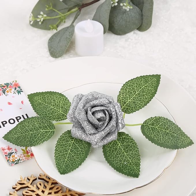 IPOPU Silver Roses Artificial Flowers,50pcs Glitter Flowers Fake Foam Roses with Stem for DIY Wedding Bridal Bouquet Home Party Christmas Decoration(Silver)