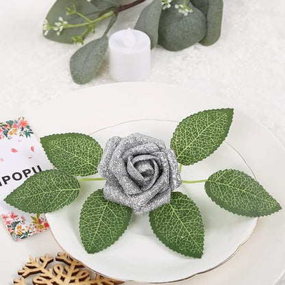 IPOPU Silver Roses Artificial Flowers,25PCS Foam Glitter Roses Glitter Flowers Fake Rose with Stems for DIY Wedding Bridal Bouquet Home Party Christmas Decoration(Silver)
