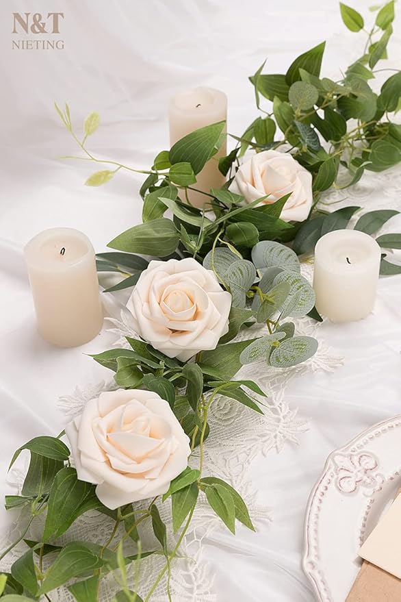 N&T NIETING Artificial Flowers, 25pcs Fake Flowers Bulk Perfect for DIY Fall Wedding Bridesmaid Bridal Bouquets Centerpieces Party Home Flower Arrangement Decoration, Cream Roses