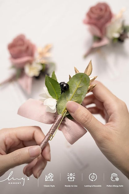 Ling's moment Boutonniere for Men, 6pcs Groom Groomsmen Boutonniere, Artificial Flowers for Wedding Decor/Prom/Homecoming, etc.Dusty Rose Mauve