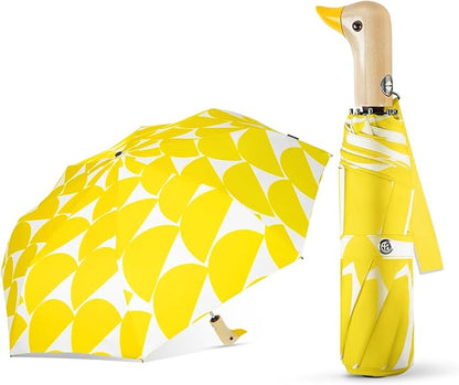 Cute Duck Umbrella Automatic - Compact Pretty Pocket Size Strong Duck Collapsible Umbrella Yellow Wooden Handle for Women