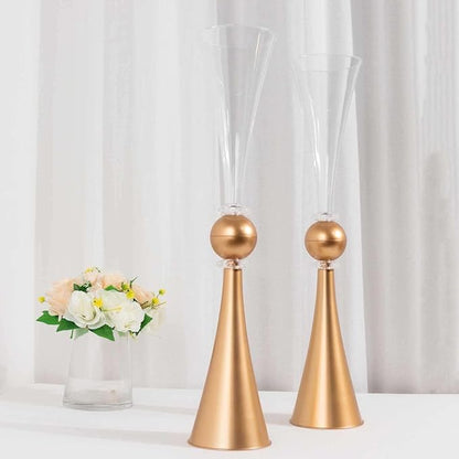 Efavormart 2 Pack Clear Gold Crystal Embellishment Trumpet Table Centerpiece, Reversible Plastic Flower Vase - 27"
