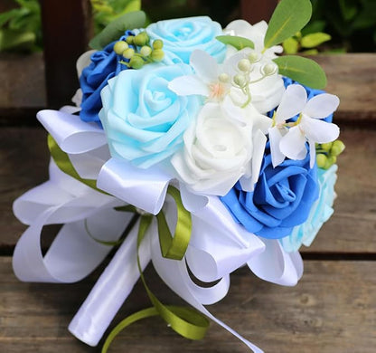 Lightweight Bridal Wedding Bouquet Round Holding Bouquet Throw Toss Artificial Rose Flower Bunch for Bride Bridesmaid Wedding Quinceanera (White, Royal Blue & Light Blue, 7.9")