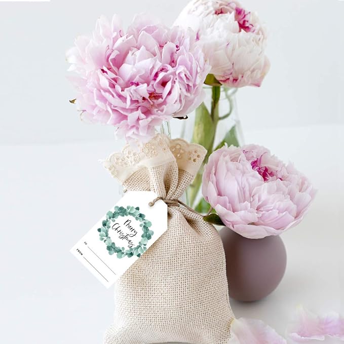 Andaz Press Christmas Holiday Season Classic Gift Tags, Merry Christmas to from Classic Favor Tags, Eucalyptus Wreath Design, for Holiday Events, Parties, and Favors, 60-Pack