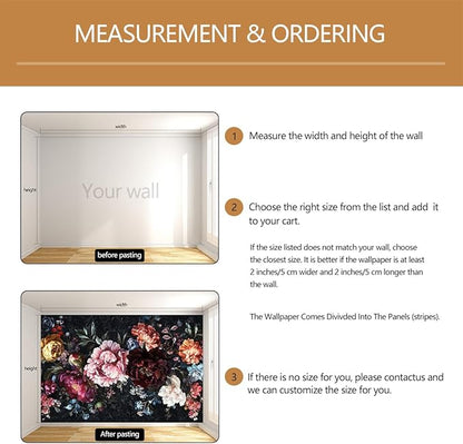 Dark Floral Wallpaper Mural Large Peony Flowers Wall Murals for Bedroom（Not Peel and Stick）